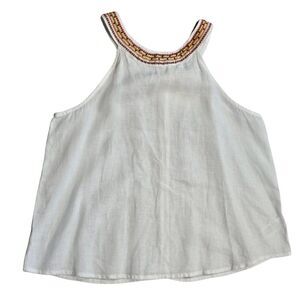 CYNTHIA ROWLEY Linen Boho Beachy Sleeveless Tank Top Blouse White Embroidered M